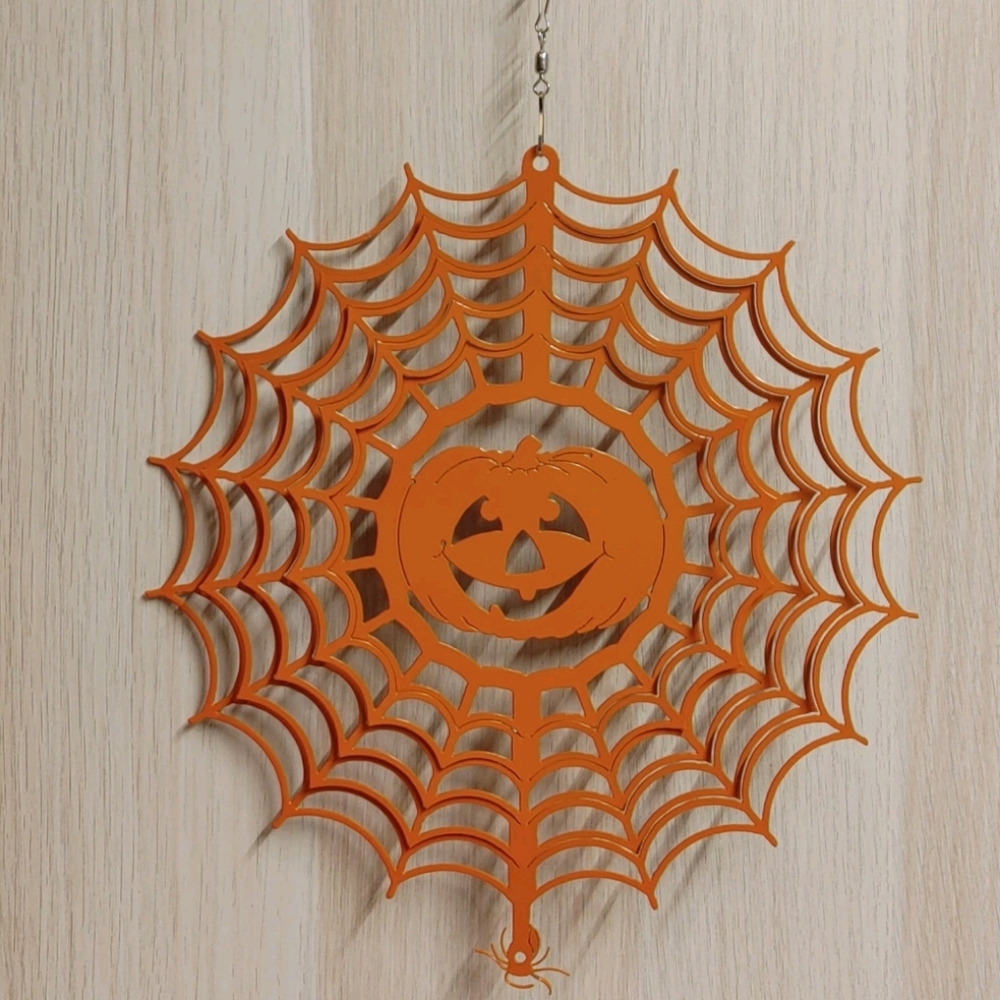 Spider Web Wind Spinner Halloween Orange Metal Jack 'O Lantern Spider 10.5"